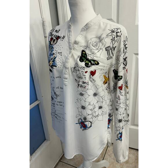 Desigual Graphic Long Sleeve Button Top White Multicolor Art Print – Size Small - Picture 2 of 6